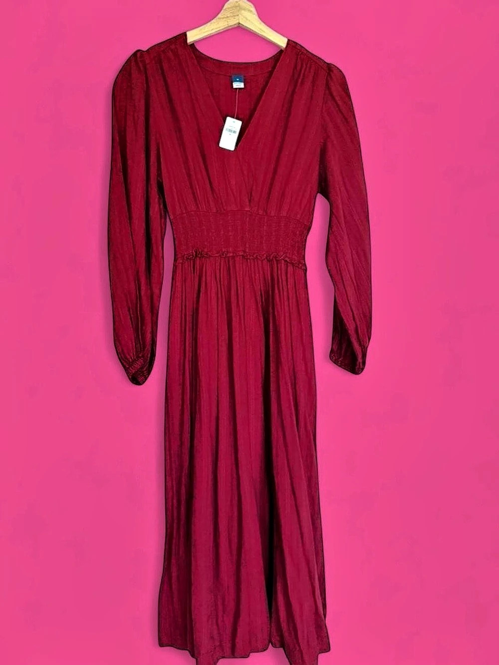 NWT! Old Navy Waist-Defined Puff-Sleeve Smocked Midi Dress Berry Red size Medium
